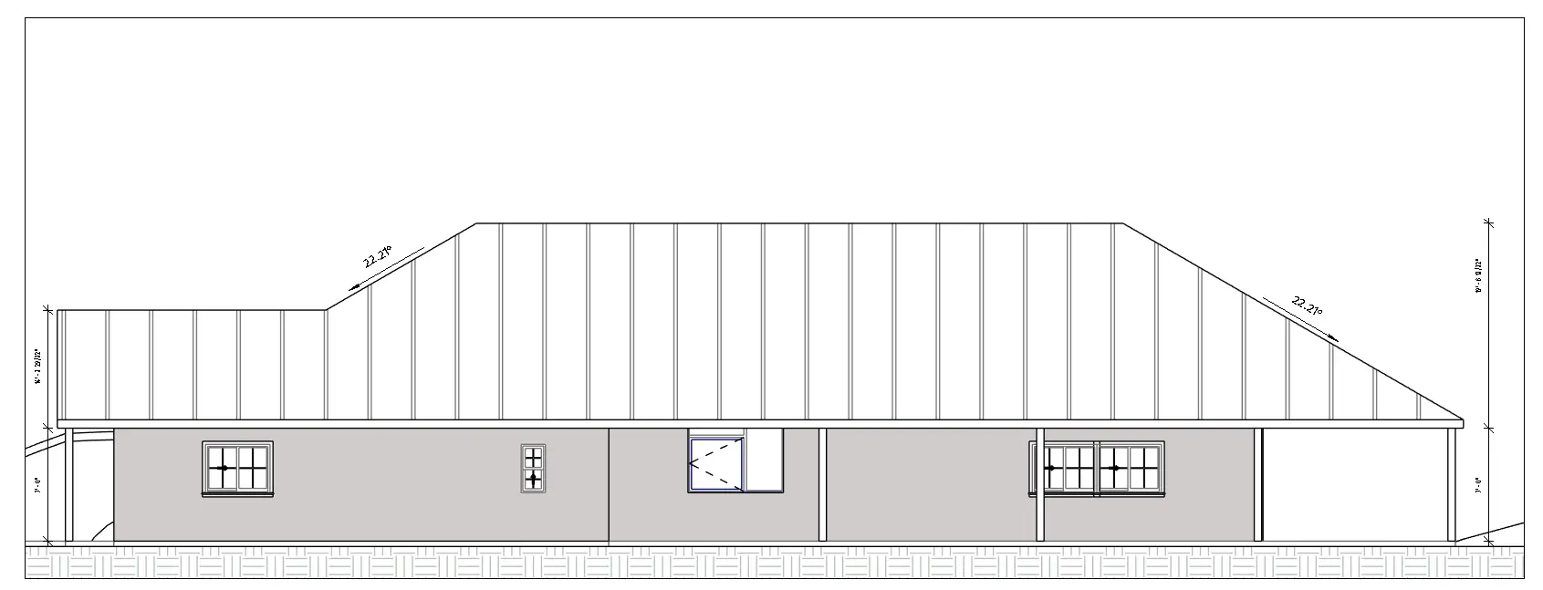 Side elevation of the hillside bungalow showing the 22.21-degree hip roof over the main volume and the carport tucked into the low side of the slope.