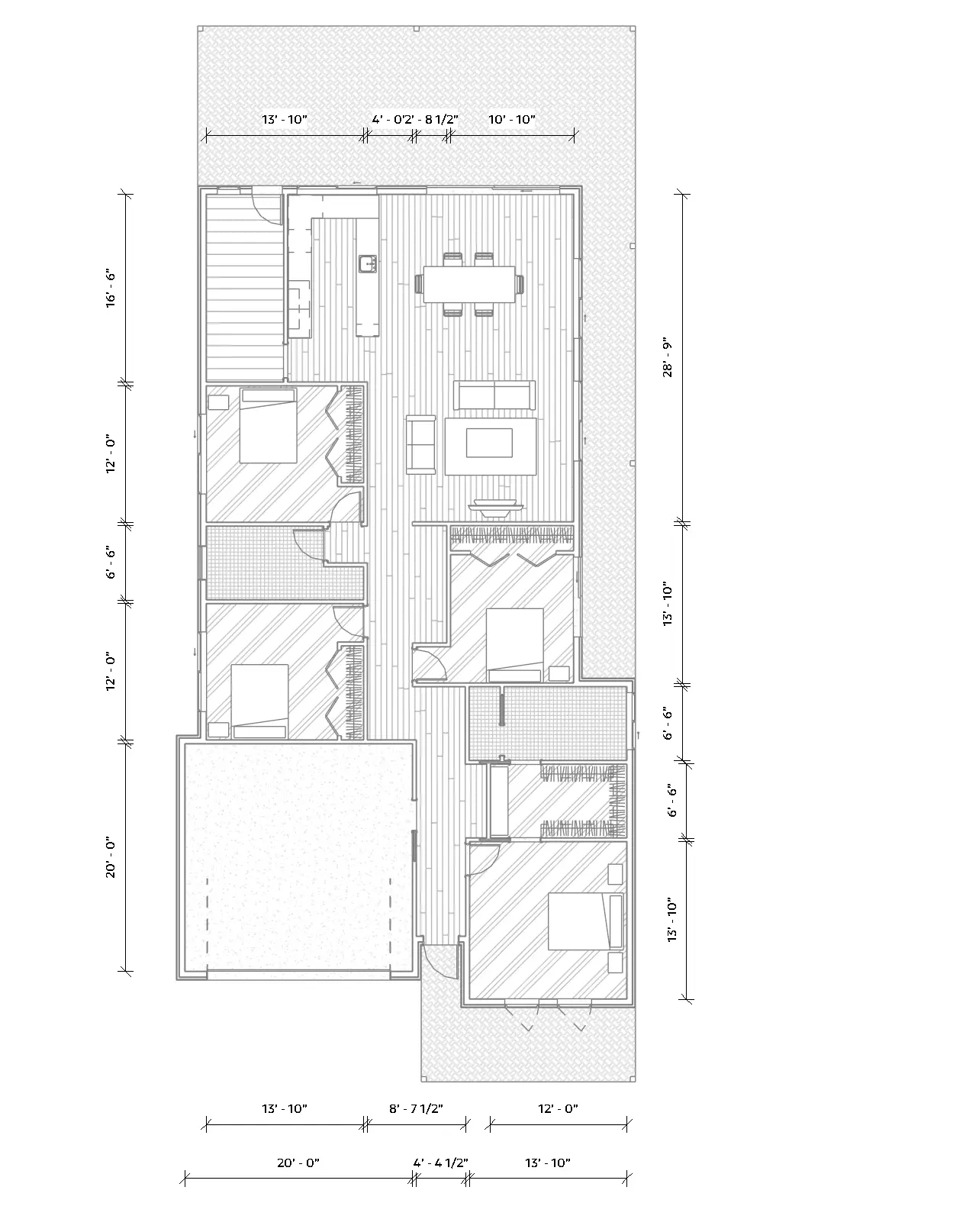 Dimensioned floor plan of the three-bedroom bungalow showing room layout, door swings, window schedule tags, and dimension strings on all four sides.