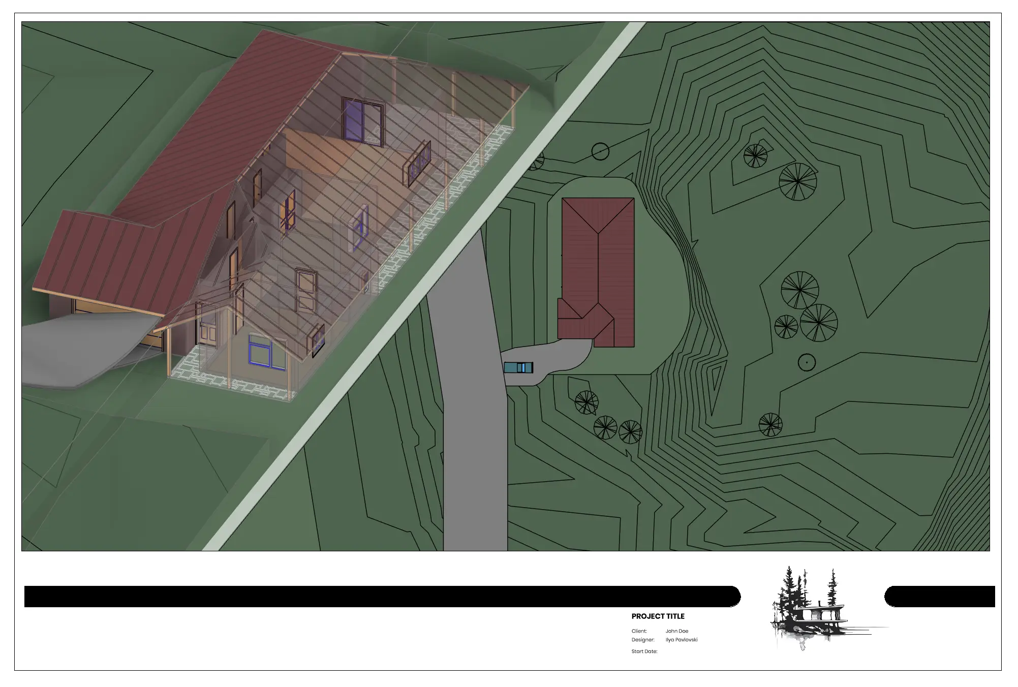 Line-drawn axonometric of the hillside bungalow and its attached carport set into a contoured slope above the street.