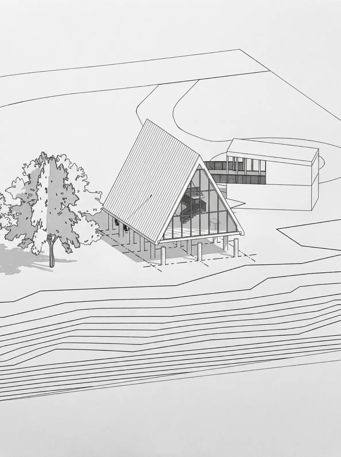 Line-drawn axonometric of an A-frame house on pilings beside a flat-roofed outbuilding, sited on a contoured slope.