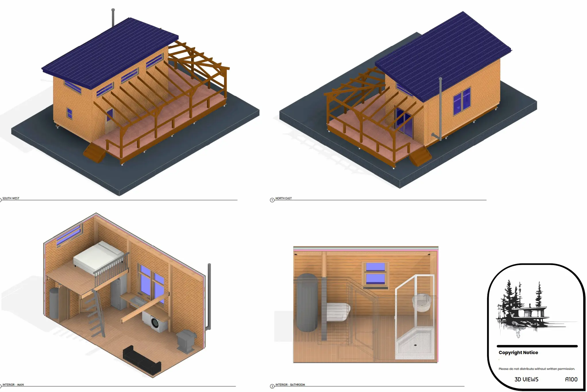 Four three-dimensional views of the off-grid tiny house from each side, showing the roof-mounted solar array, deck, and pergola.