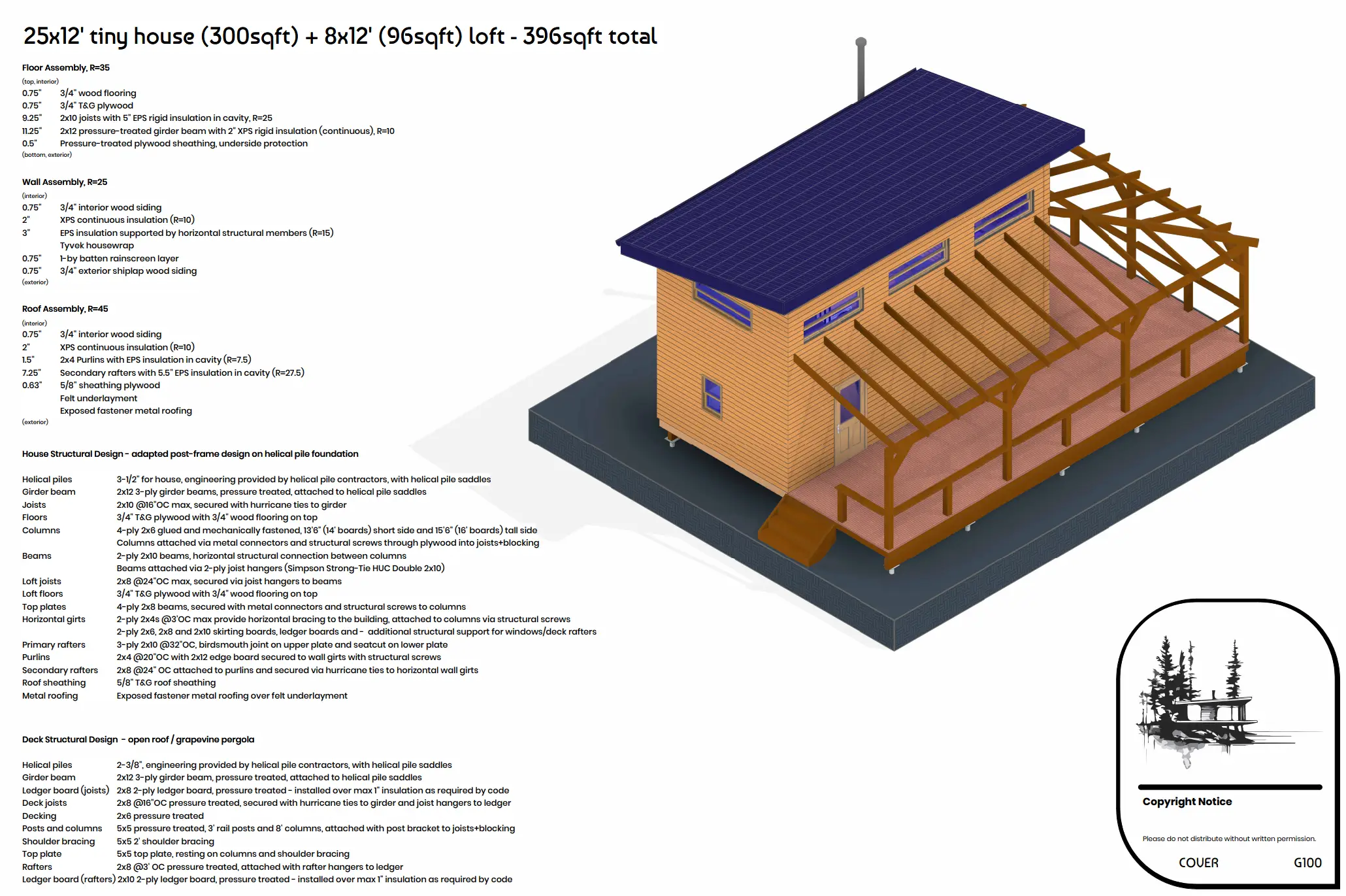 Exterior view of a 25 by 12 foot off-grid tiny house with shiplap siding over a rainscreen, a loft window in the gable end, and a grapevine pergola over the deck.