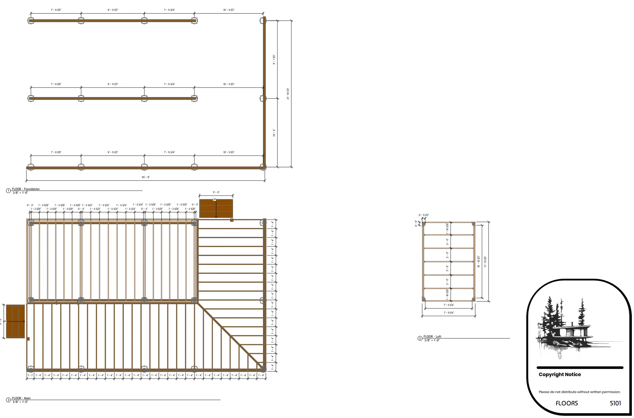 Floor framing plan for the tiny house showing joist layout and hangers bearing on helical piles instead of a poured foundation.