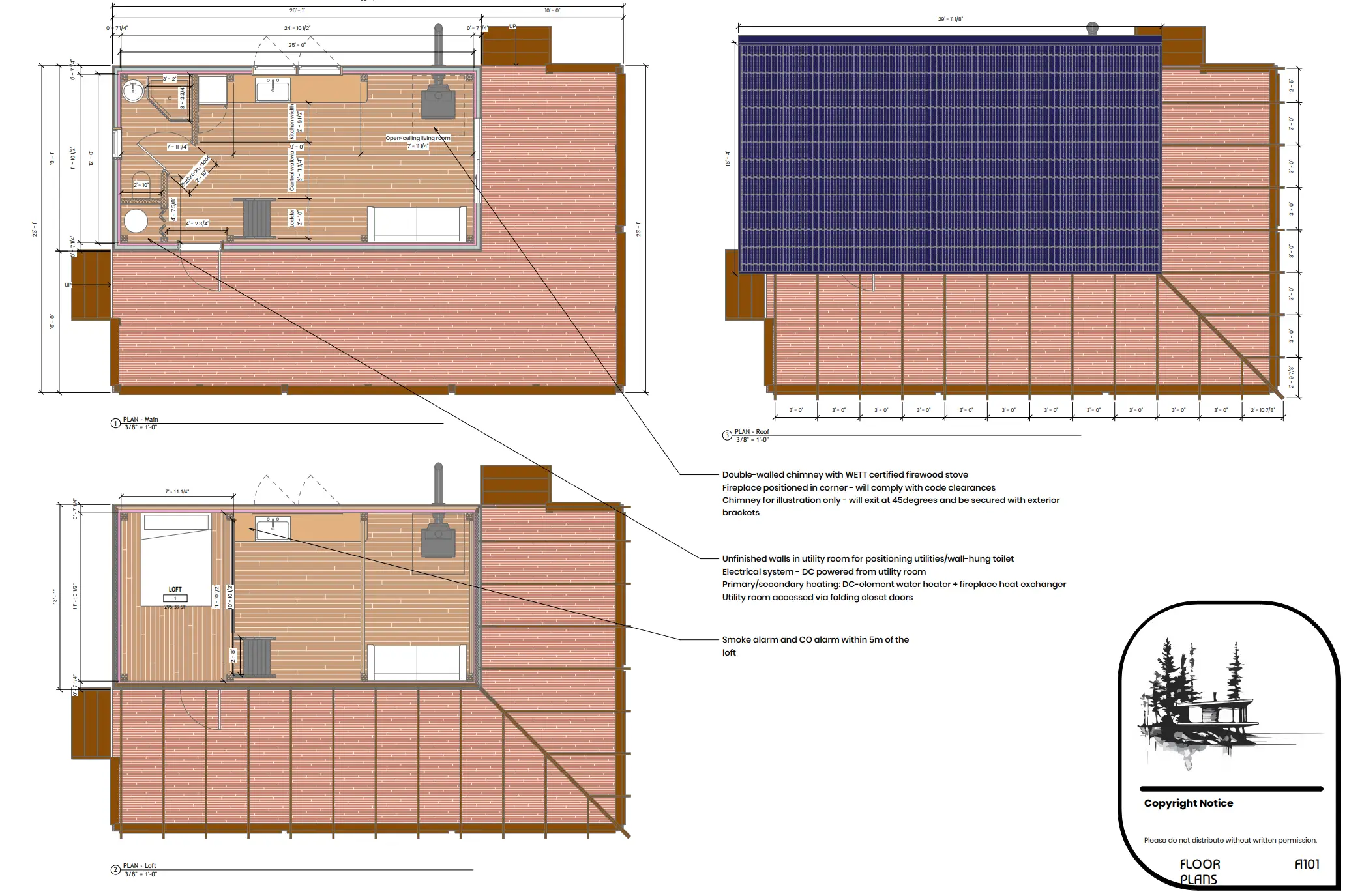 Floor plans of the tiny house — 300 square feet on the main floor with a 96 square foot sleeping loft above, dimensioned throughout.