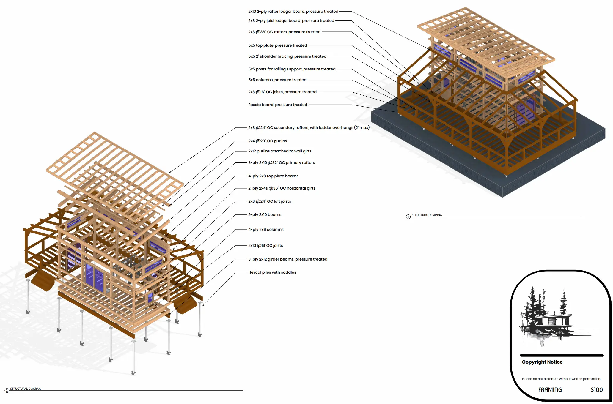 Wall framing elevations for the tiny house with every stud, header, and connector scheduled, drawn as an adapted post-frame structure.