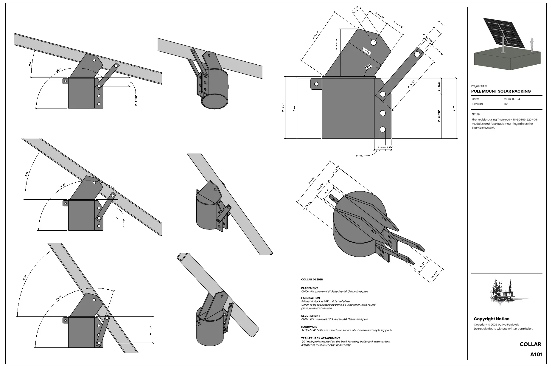 Mild-steel pivot collar detail drawn to plate thickness and bolt hole, sized for a 6 inch Schedule-40 galvanized pipe.
