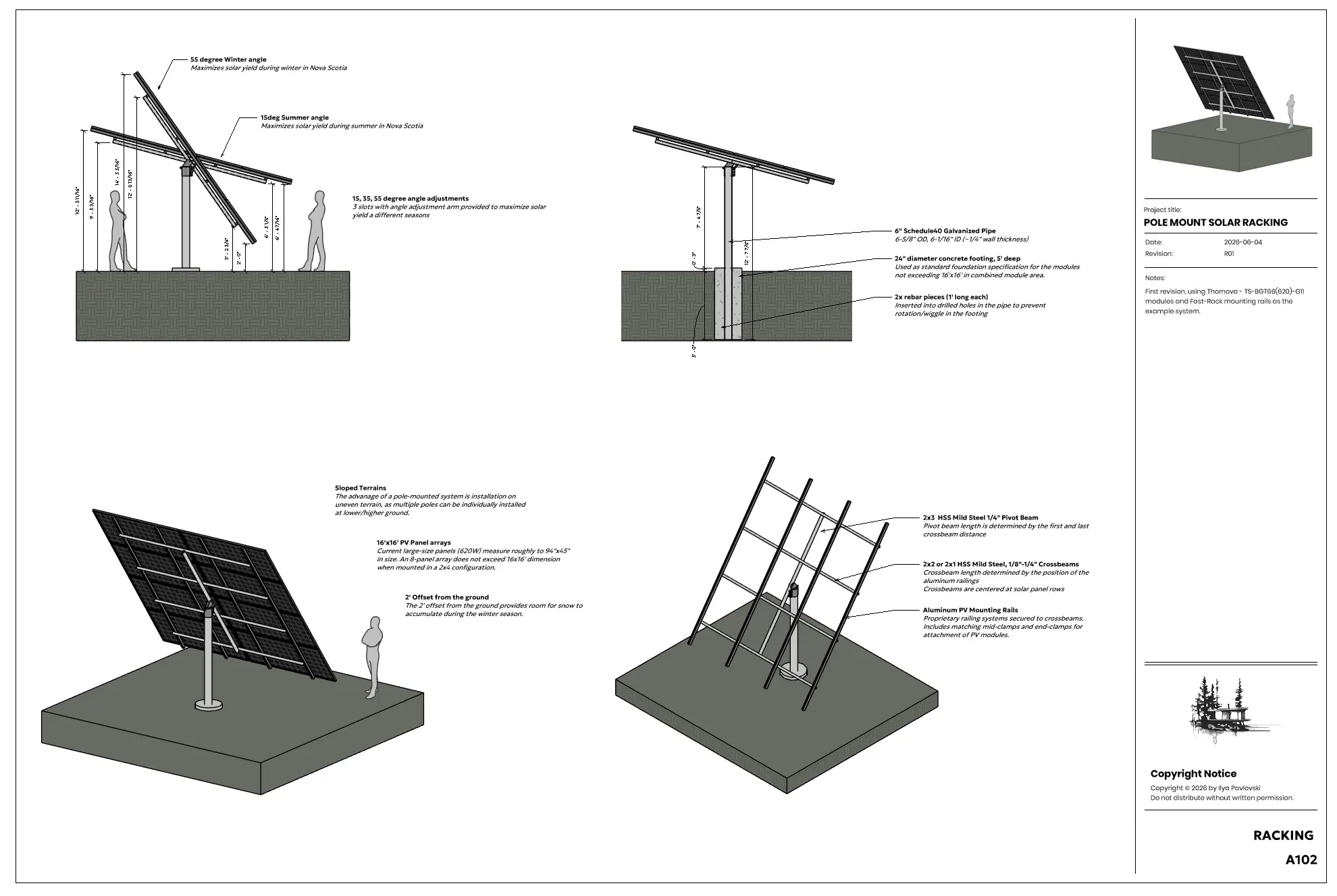 Racking layout for the eight-panel solar array, dimensioned to the rail spacing and panel clamp positions.